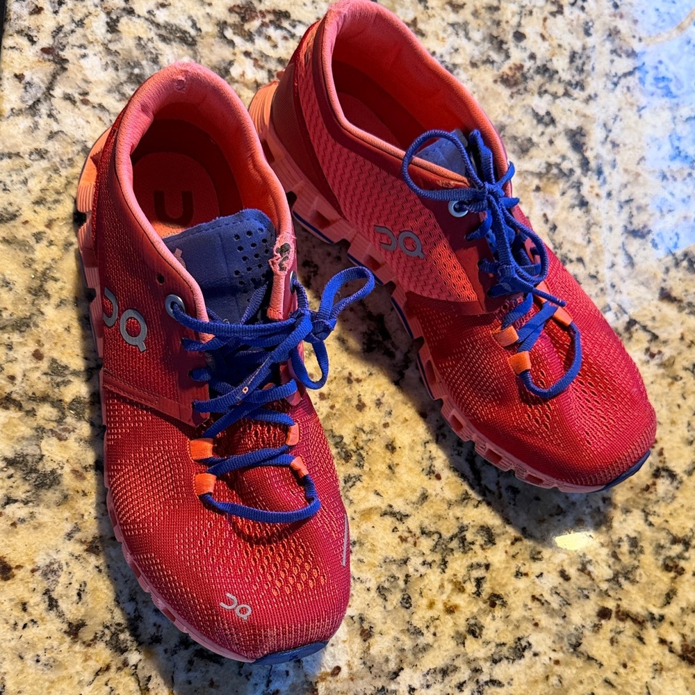 On Running Red Athletic Sneakers with Blue Laces